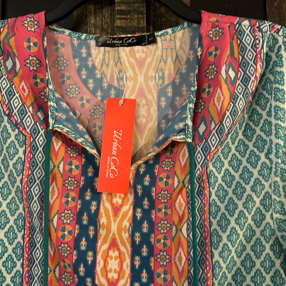 Urban CoCo Bohemian Neck Tie Vintage Printed Ethnic Style Shift Dress Small - Picture 5 of 6